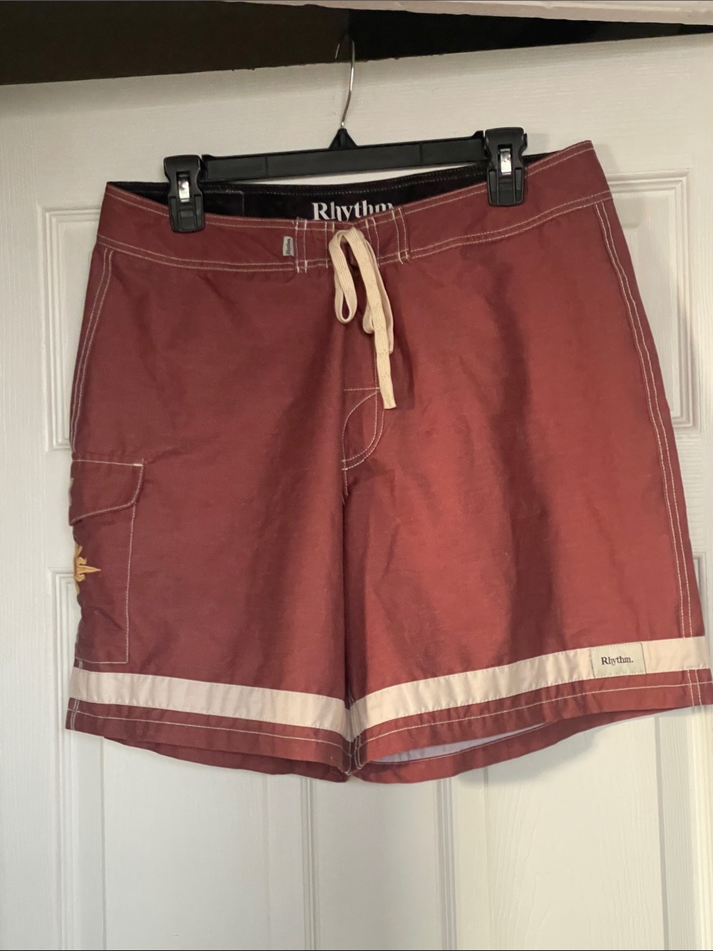 Rhythm. Men's Brick Red Board Shorts with Cream Stripe